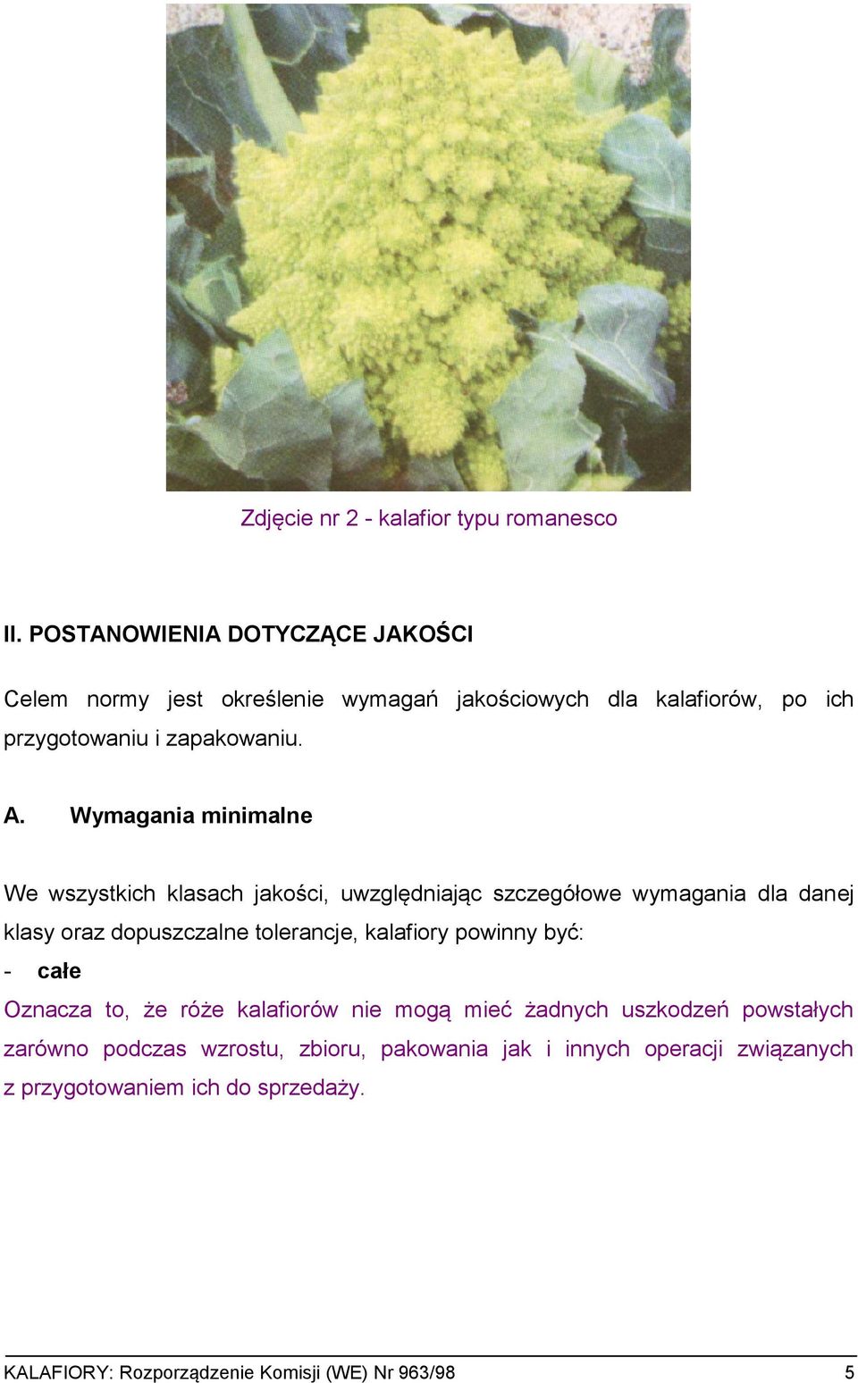 Wymagania minimalne We wszystkich klasach jakości, uwzględniając szczegółowe wymagania dla danej klasy oraz dopuszczalne tolerancje, kalafiory