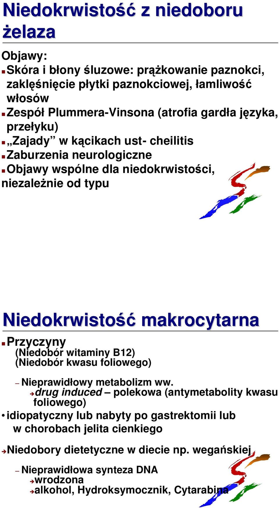 makrocytarna Przyczyny (Niedobór witaminy B12) (Niedobór kwasu foliowego) Nieprawidłowy metabolizm ww.