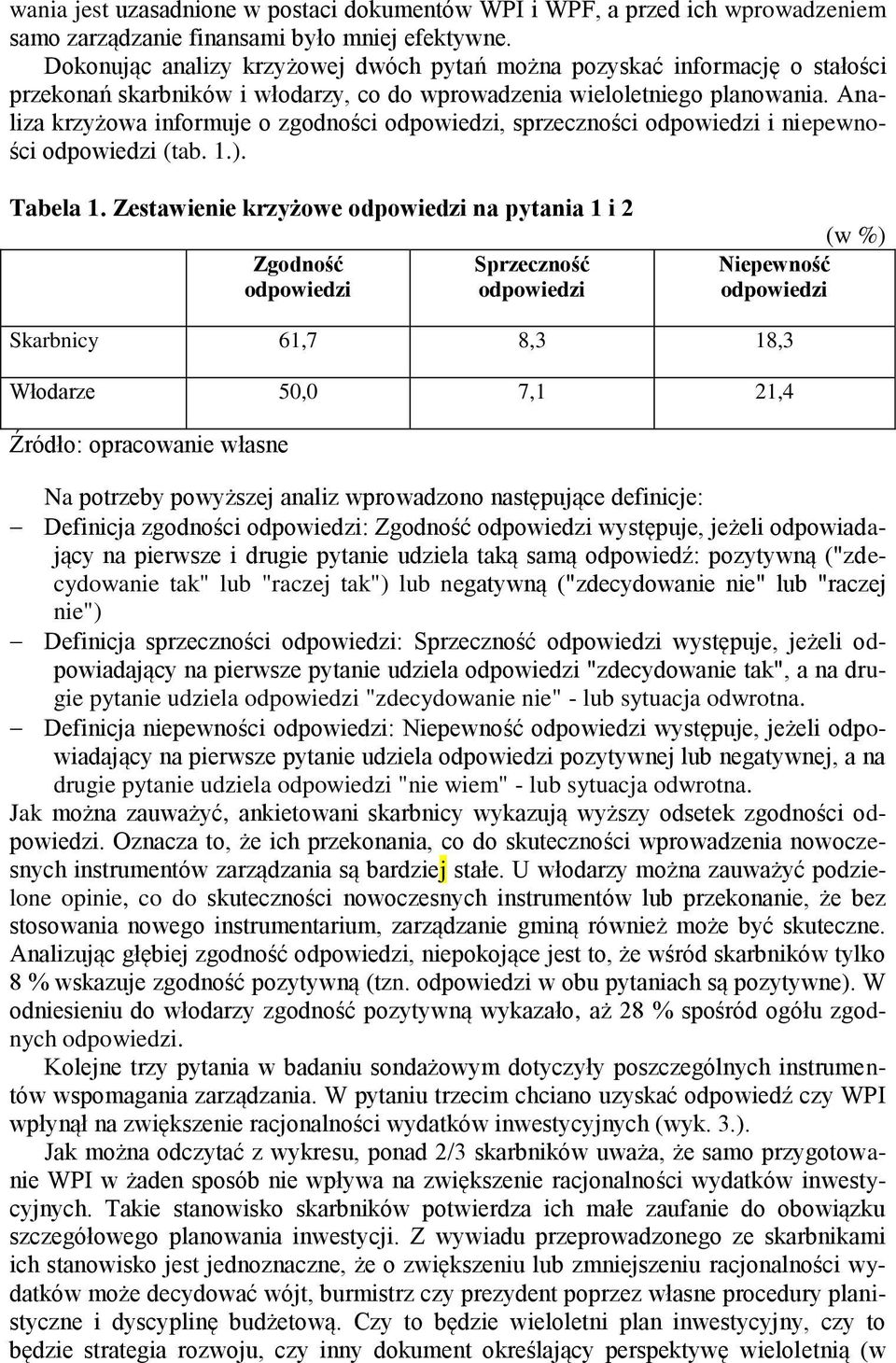 Analiza krzyżowa informuje o zgodności odpowiedzi, sprzeczności odpowiedzi i niepewności odpowiedzi (tab. 1.). Tabela 1.