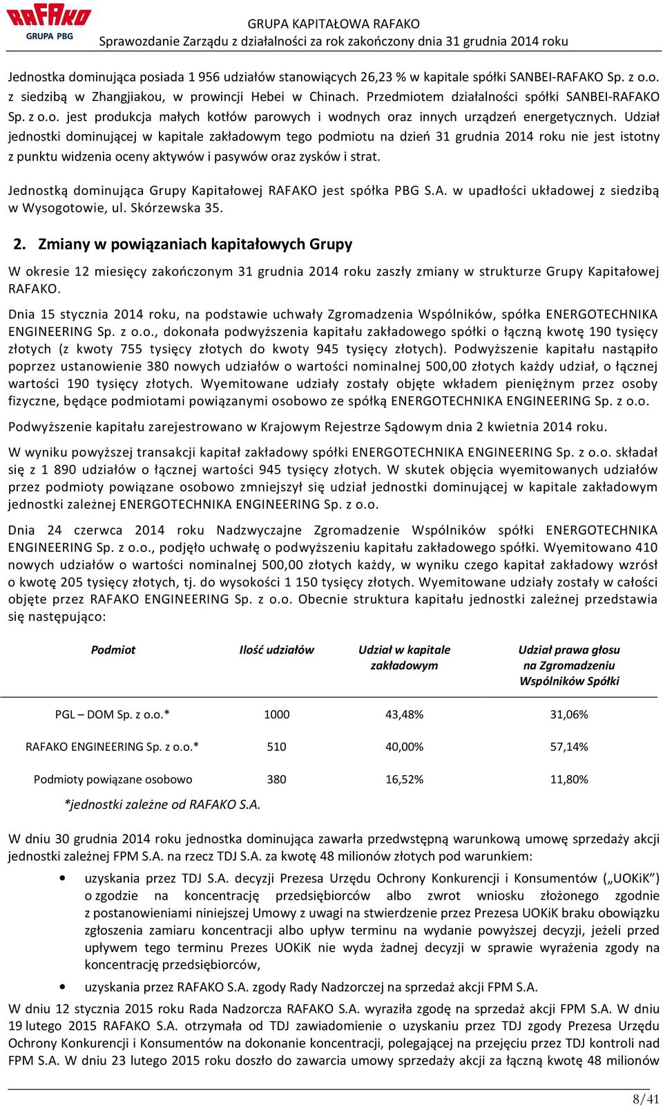 Udział jednostki dominującej w kapitale zakładowym tego podmiotu na dzień 31 grudnia 2014 roku nie jest istotny z punktu widzenia oceny aktywów i pasywów oraz zysków i strat.