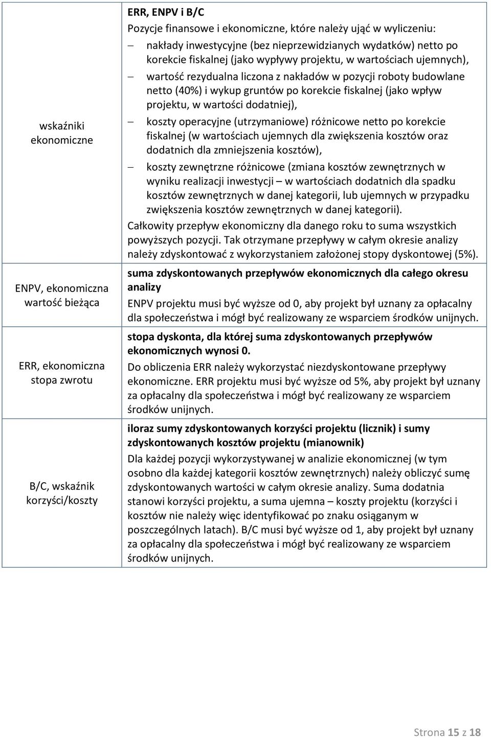 netto (40%) i wykup gruntów po korekcie fiskalnej (jako wpływ projektu, w wartości dodatniej), koszty operacyjne (utrzymaniowe) różnicowe netto po korekcie fiskalnej (w wartościach ujemnych dla