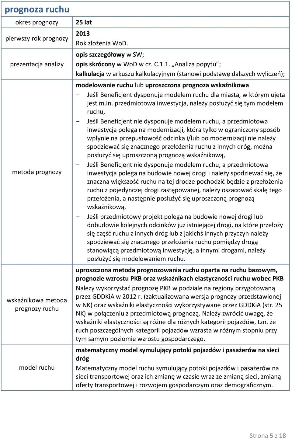 1. Analiza popytu ; kalkulacja w arkuszu kalkulacyjnym (stanowi podstawę dalszych wyliczeń); modelowanie ruchu lub uproszczona prognoza wskaźnikowa Jeśli Beneficjent dysponuje modelem ruchu dla