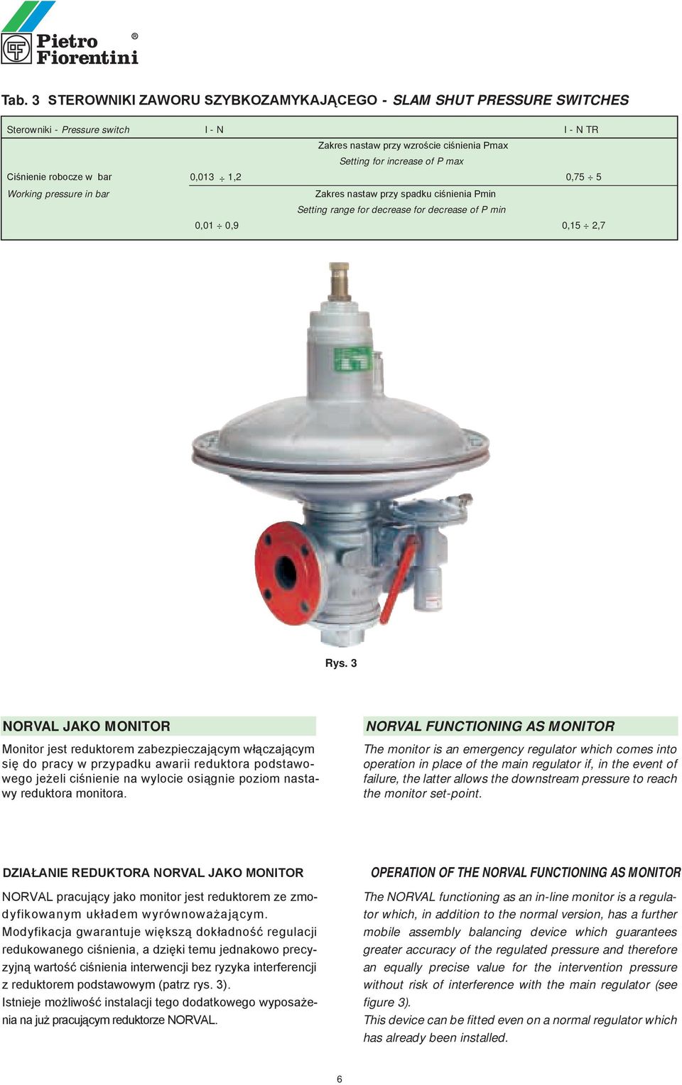 3 NORVAL JAKO MONITOR Monitor jest reduktore zabezpieczający włączający się do pracy w przypadku awarii reduktora podstawowego jeżeli ciśnienie na wylocie osiągnie pozio nastawy reduktora onitora.