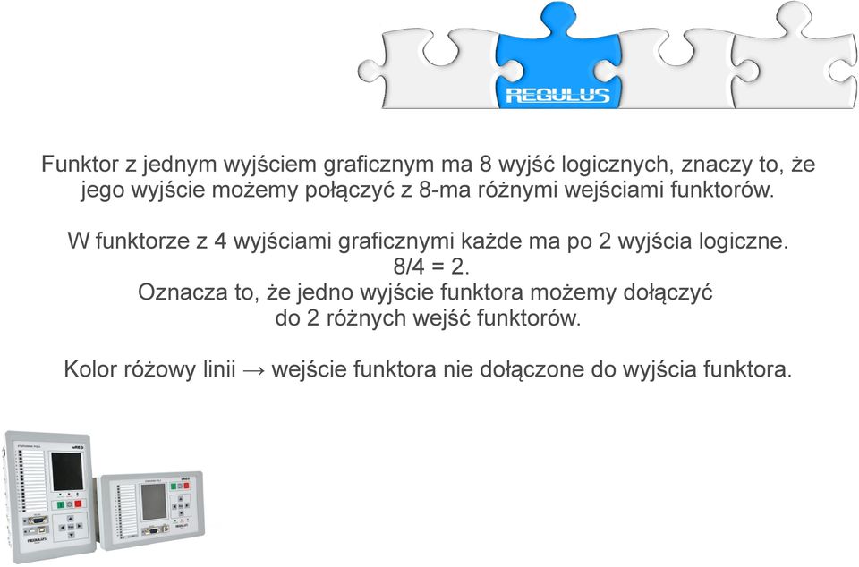 W funktorze z 4 wyjściami graficznymi każde ma po 2 wyjścia logiczne. 8/4 = 2.