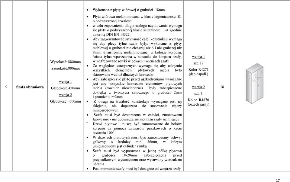 wymaga się aby plecy tylne szafy były: wykonane z płyty meblowej o grubości nie cieńszej niż 6 i nie grubszej niż 8mm, dwustronnie melaminowanej w kolorze korpusu, ściana tylna wpuszczona w stosunku