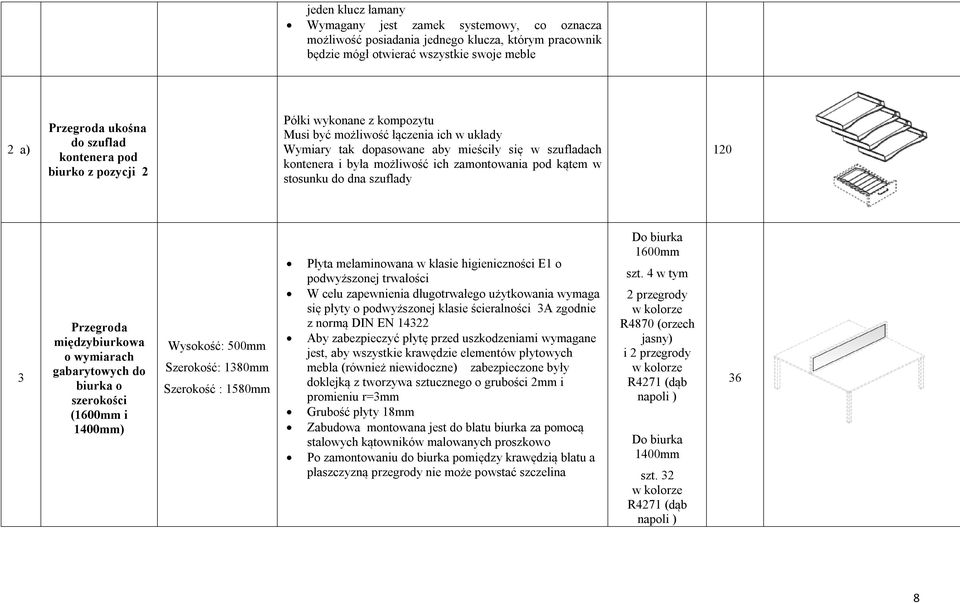 pod kątem w stosunku do dna szuflady 120 3 Przegroda międzybiurkowa o wymiarach gabarytowych do biurka o szerokości (1600mm i 1400mm) Wysokość: 500mm Szerokość: 1380mm Szerokość : 1580mm Płyta