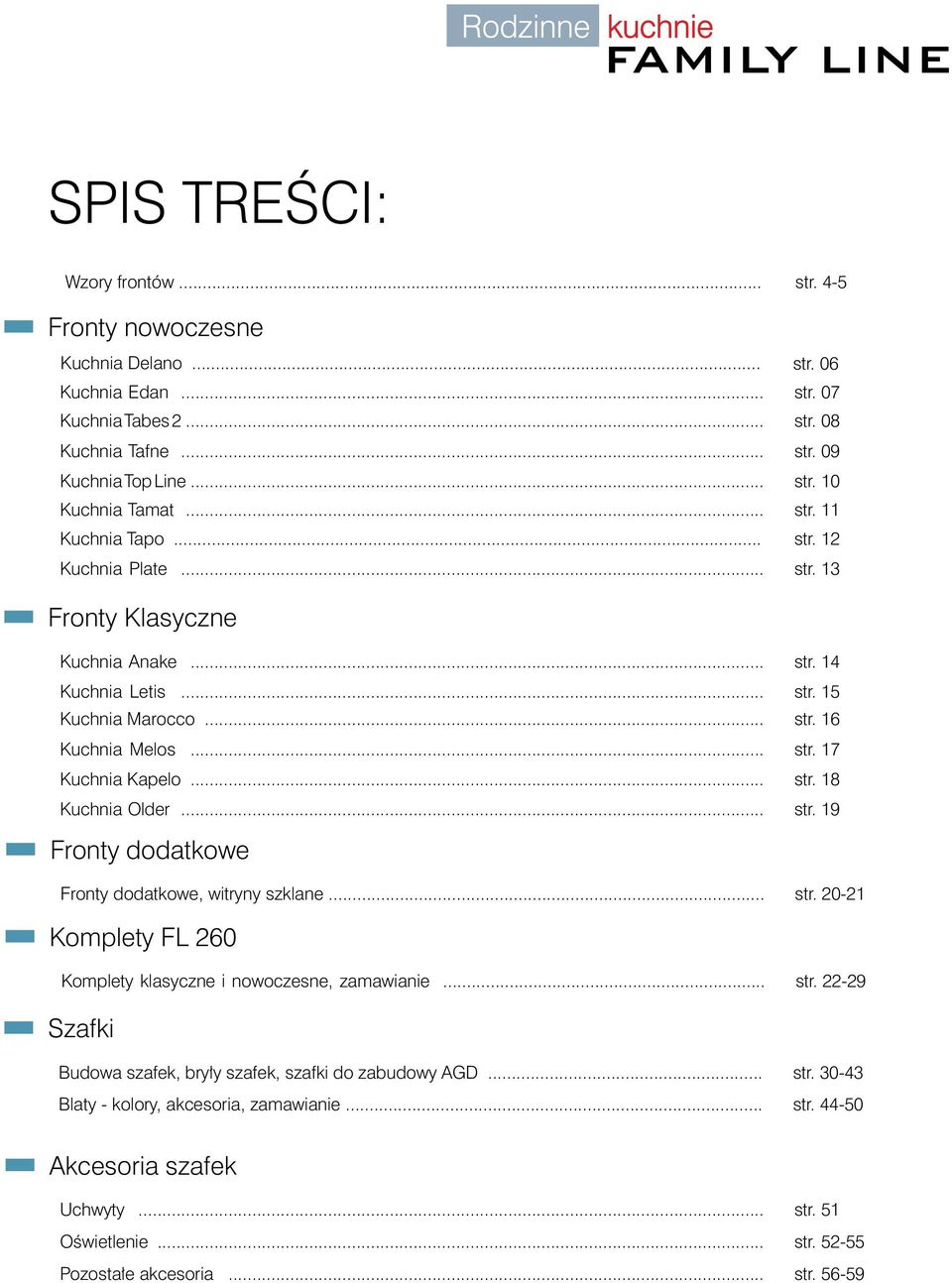 15 str. 16 str. 17 str. 18 str. 19 Fronty dodatkowe Fronty dodatkowe, witryny szklane... str. 20-21 Komplety FL 260 Komplety klasyczne i nowoczesne, zamawianie... str. 22-29 Szafki Budowa szafek, bryły szafek, szafki do zabudowy AGD.