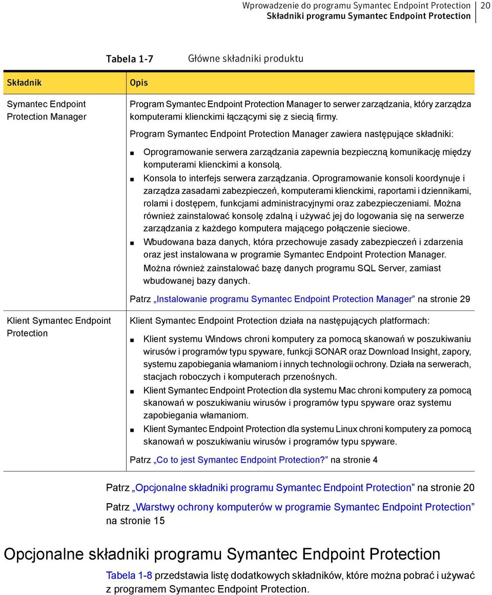 Program Symantec Endpoint Protection Manager zawiera następujące składniki: Oprogramowanie serwera zarządzania zapewnia bezpieczną komunikację między komputerami klienckimi a konsolą.