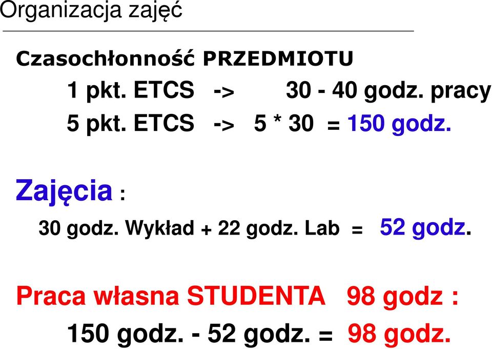 ETCS -> 5 * 30 = 150 godz. Zajęcia : 30 godz.