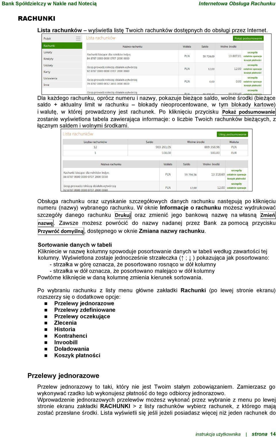 prowadzony jest rachunek. Po kliknięciu przycisku Pokaż podsumowanie zostanie wyświetlona tabela zawierająca informacje: o liczbie Twoich rachunków bieżących, z łącznym saldem i wolnymi środkami.
