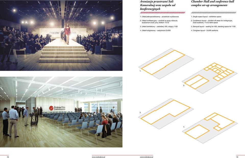 Układ bankietowy zasiadany 400, stojący 1100 4. Układ kongresowy audytorium 2x300 1. Single-space layout exhibition space 2.