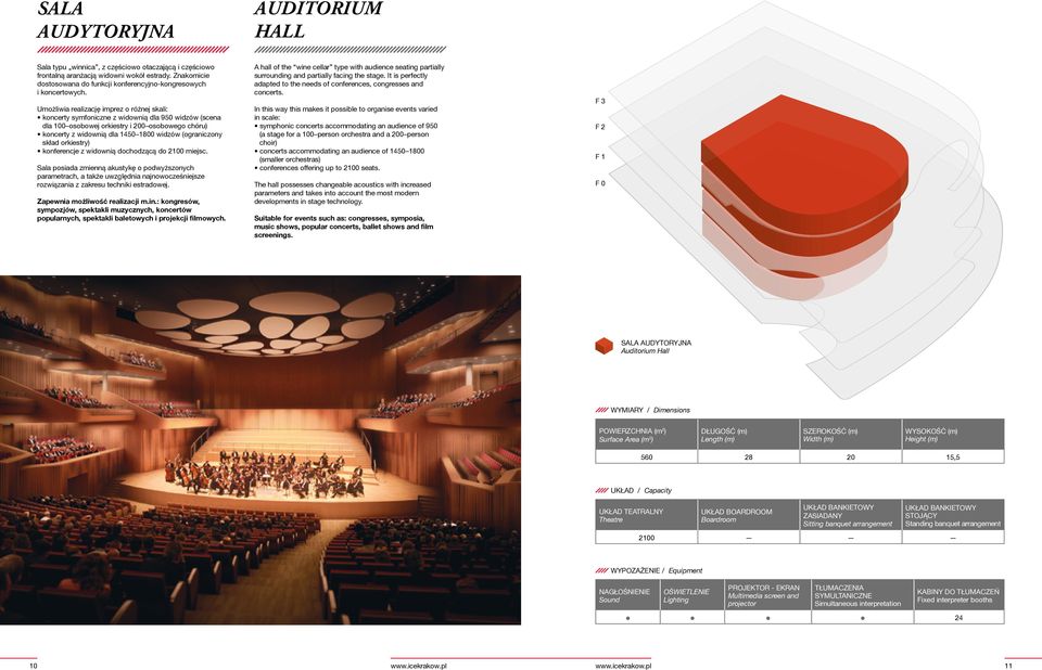 Umożliwia realizację imprez o różnej skali: koncerty symfoniczne z widownią dla 950 widzów (scena dla 100 osobowej orkiestry i 200 osobowego chóru) koncerty z widownią dla 1450 1800 widzów