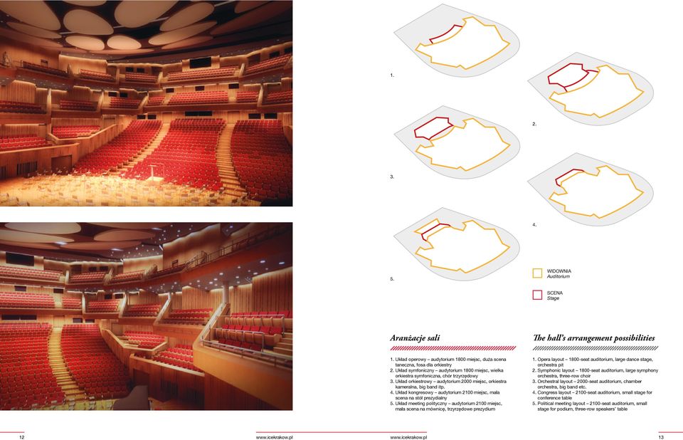 Układ kongresowy audytorium 2100 miejsc, mała scena na stół prezydialny 5. Układ meeting polityczny audytorium 2100 miejsc, mała scena na mównicę, trzyrzędowe prezydium 1.