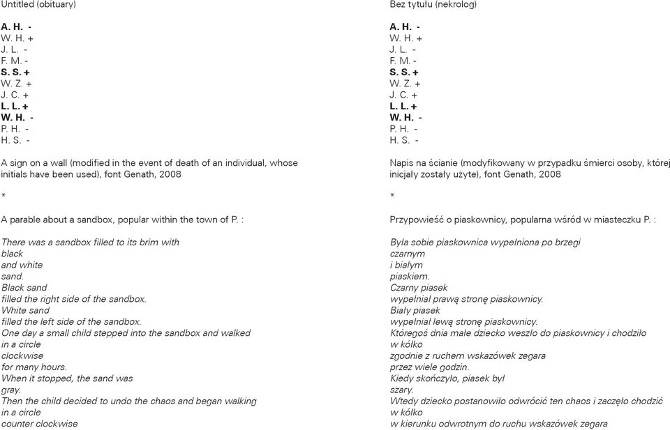 - A sign on a wall (modified in the event of death of an individual, whose initials have been used), font Genath, 2008 A parable about a sandbox, popular within the town of P.