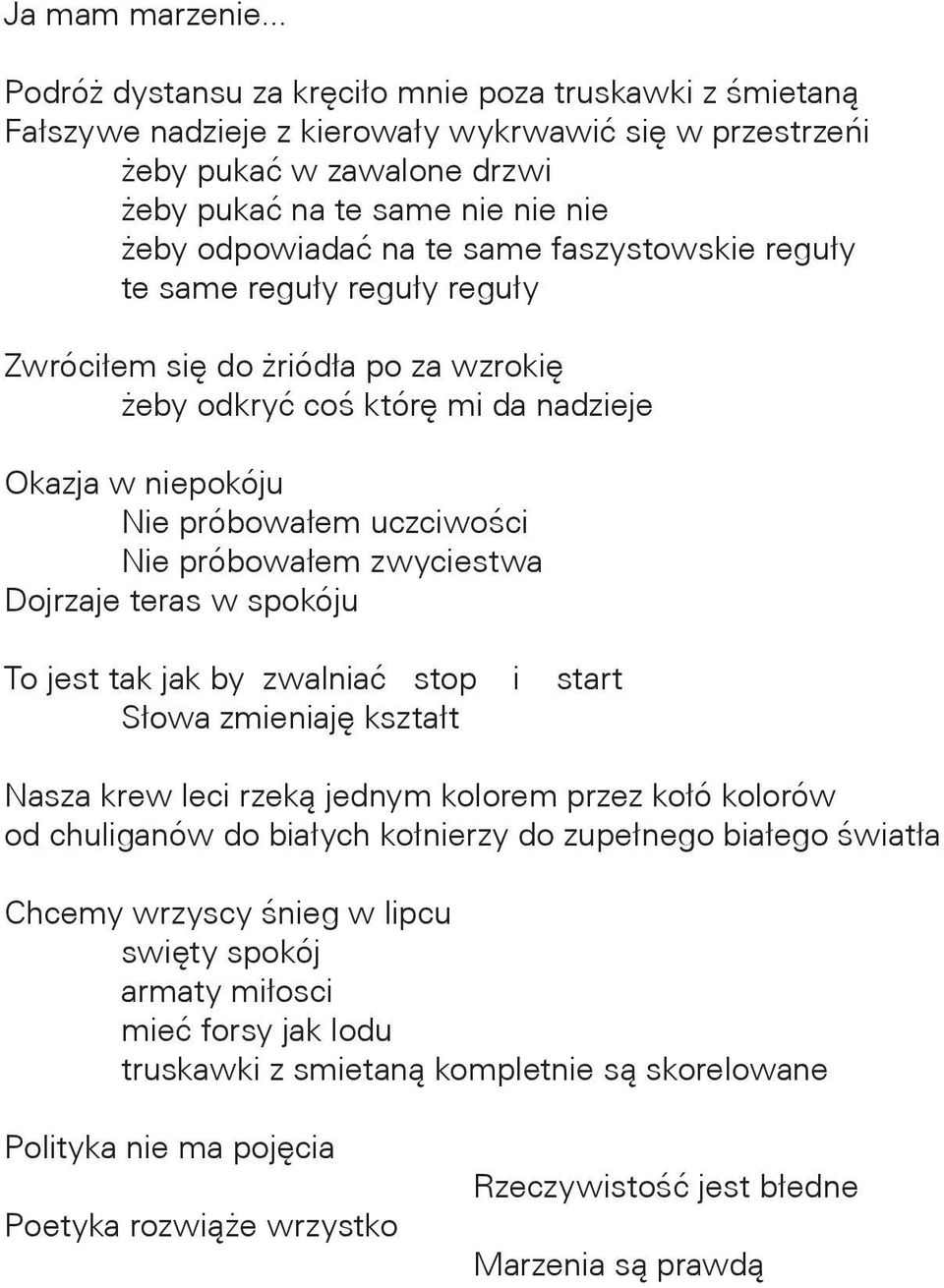 te same faszystowskie reguły te same reguły reguły reguły Zwróciłem się do żriódła po za wzrokię żeby odkryć coś którę mi da nadzieje Okazja w niepokóju Nie próbowałem uczciwości Nie próbowałem