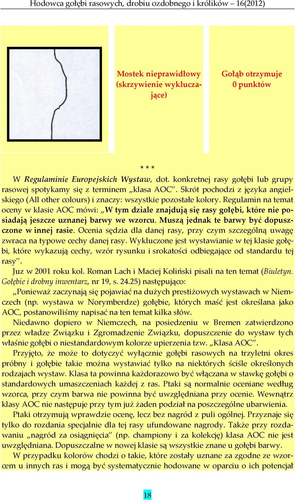 Regulamin na temat oceny w klasie AOC mówi: W tym dziale znajdują się rasy gołębi, które nie posiadają jeszcze uznanej barwy we wzorcu. Muszą jednak te barwy być dopuszczone w innej rasie.