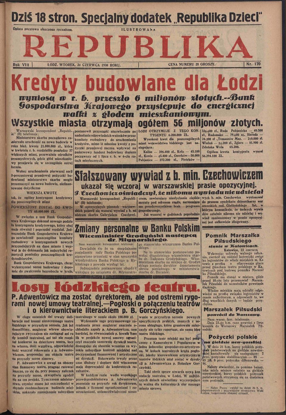 Wszystkie miasta otrzymają ogółem 56 milionów złotych. Warszawski korespondent Republiki" (B) telefonuje: Ministerstwo skarbu początkowo zamierzało uruchomić na nowe budowle w roku bież. kwotę 21.000.