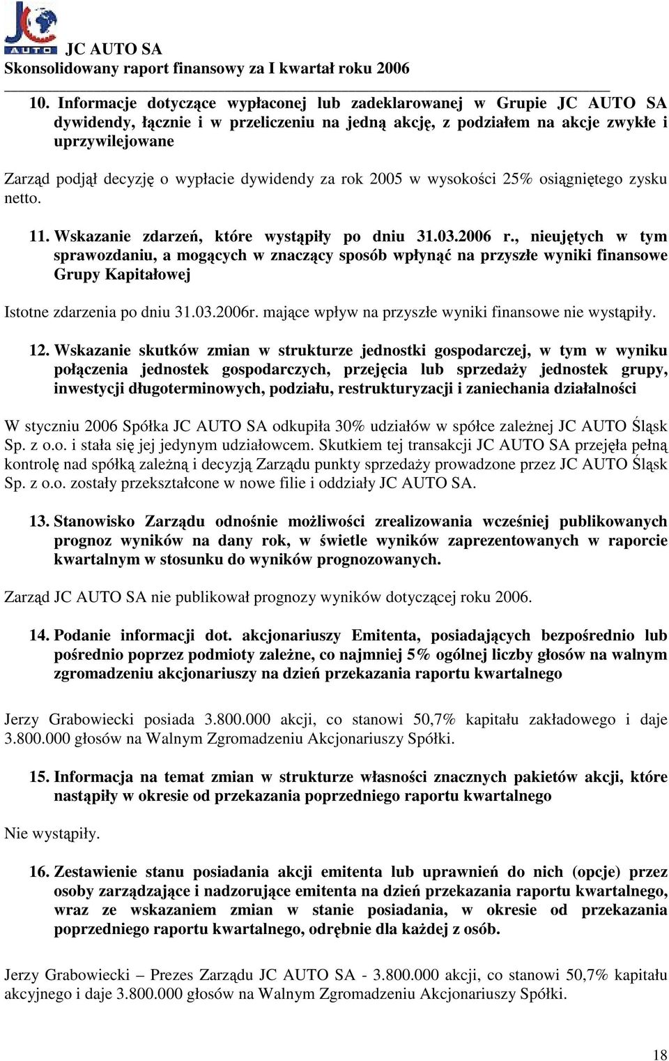 , nieujętych w tym sprawozdaniu, a mogących w znaczący sposób wpłynąć na przyszłe wyniki finansowe Grupy Kapitałowej Istotne zdarzenia po dniu 31.03.2006r.