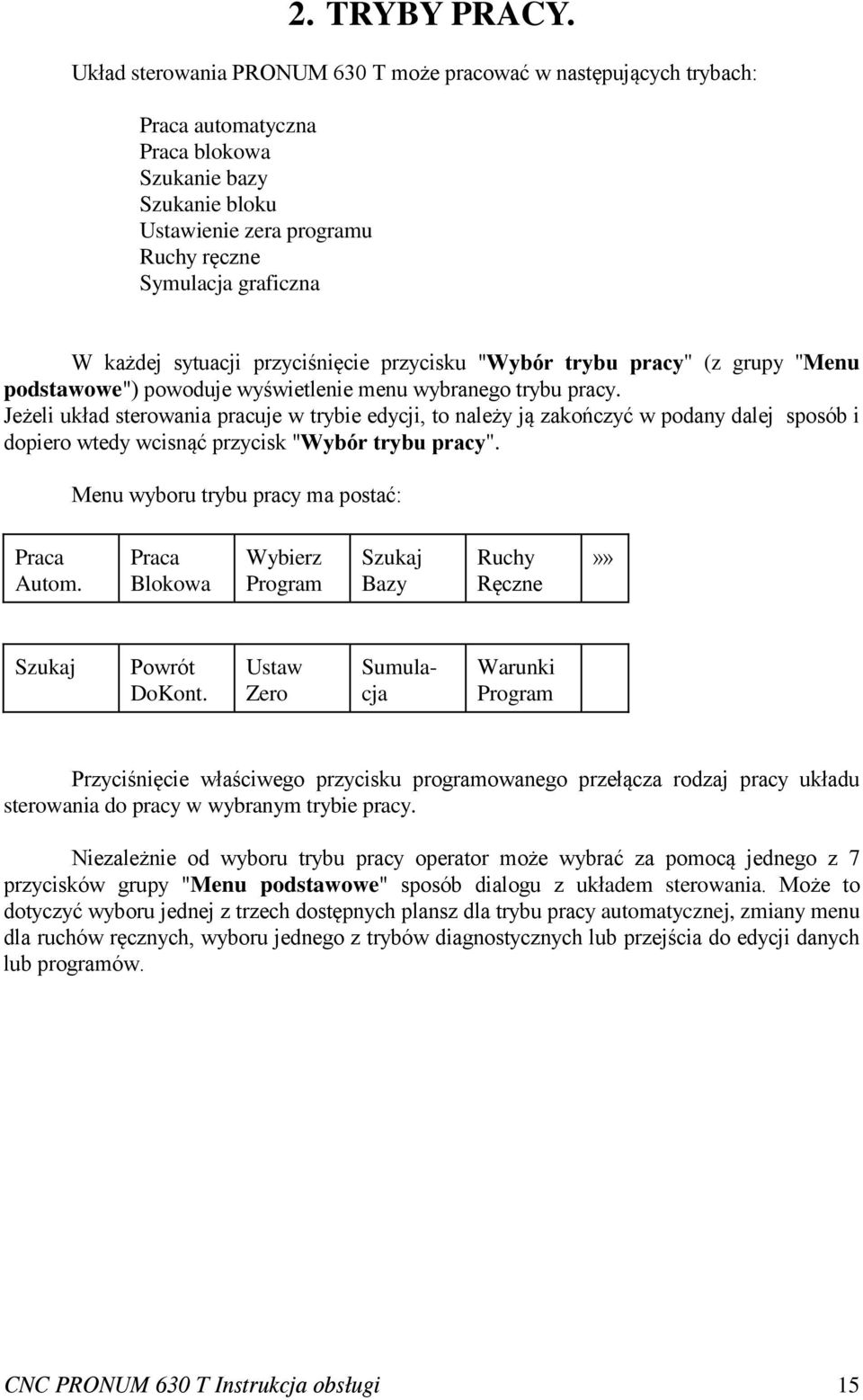 sytuacji przyciśnięcie przycisku "Wybór trybu pracy" (z grupy "Menu podstawowe") powoduje wyświetlenie menu wybranego trybu pracy.