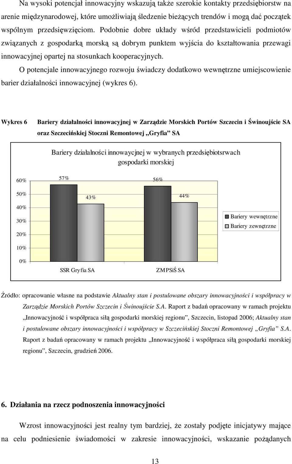 O potencjale innowacyjnego rozwoju świadczy dodatkowo wewnętrzne umiejscowienie barier działalności innowacyjnej (wykres 6).