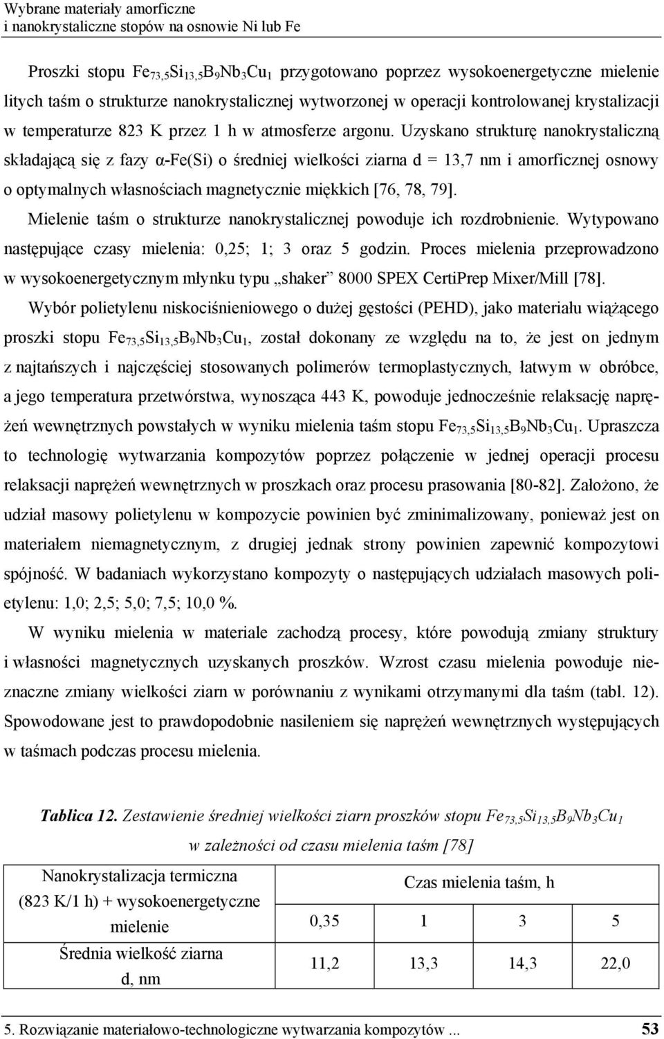 Uzyskano struktur nanokrystaliczn składaj c si z fazy -Fe(Si) o redniej wielko ci ziarna d = 13,7 nm i amorficznej osnowy o optymalnych własno ciach magnetycznie mi kkich [76, 78, 79].