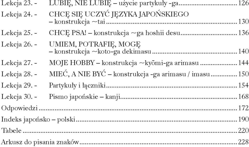 - MOJE HOBBY konstrukcja ~kyōmi-ga arimasu...144 Lekcja 28. - MIEĆ, A NIE BYĆ konstrukcja -ga arimasu / imasu...150 Lekcja 29.