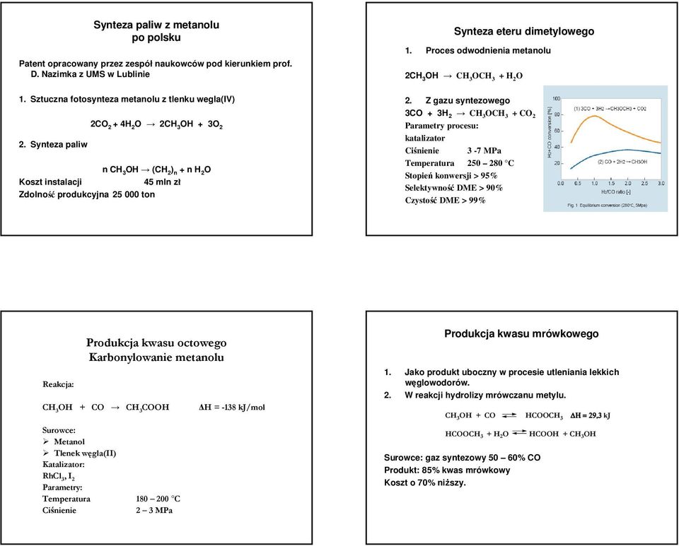 Z gazu syntezowego 3C + 3 2 C 3 C 3 + C 2 Parametry procesu: katalizator Ciśnienie 3 7 MPa Temperatura 250 280 C Stopień konwersji > 95% Selektywność DME > 90% Czystość DME > 99% Reakcja: Produkcja