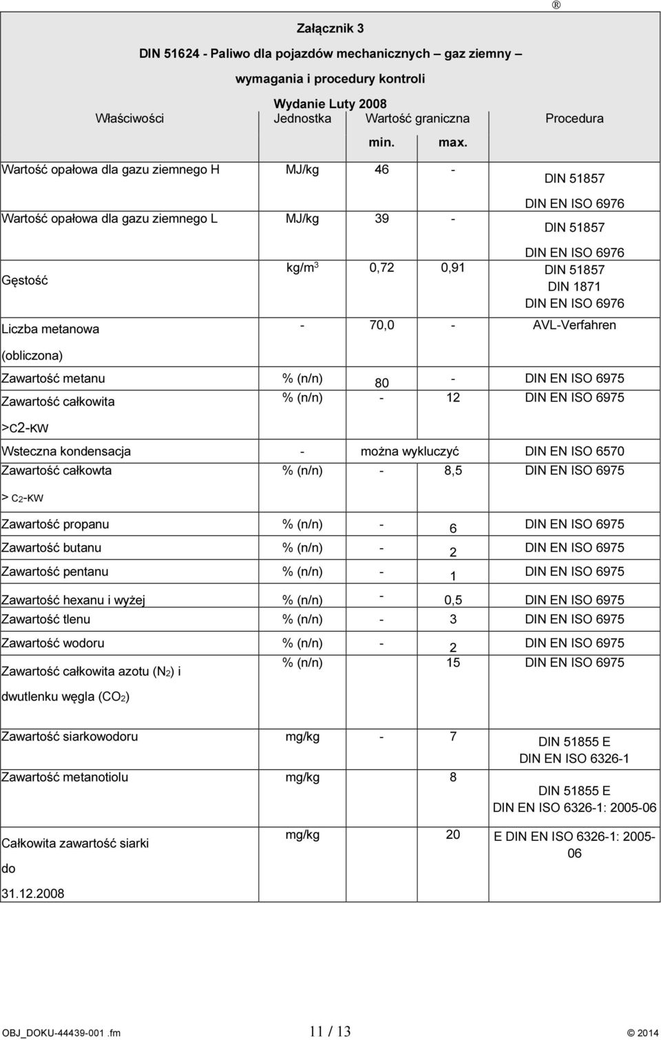 DIN 1871 DIN EN ISO 6976-70,0 - AVL-Verfahren (obliczona) Zawartość metanu % (n/n) 80 - DIN EN ISO 6975 Zawartość całkowita % (n/n) - 12 DIN EN ISO 6975 >C2-KW Wsteczna kondensacja - można wykluczyć