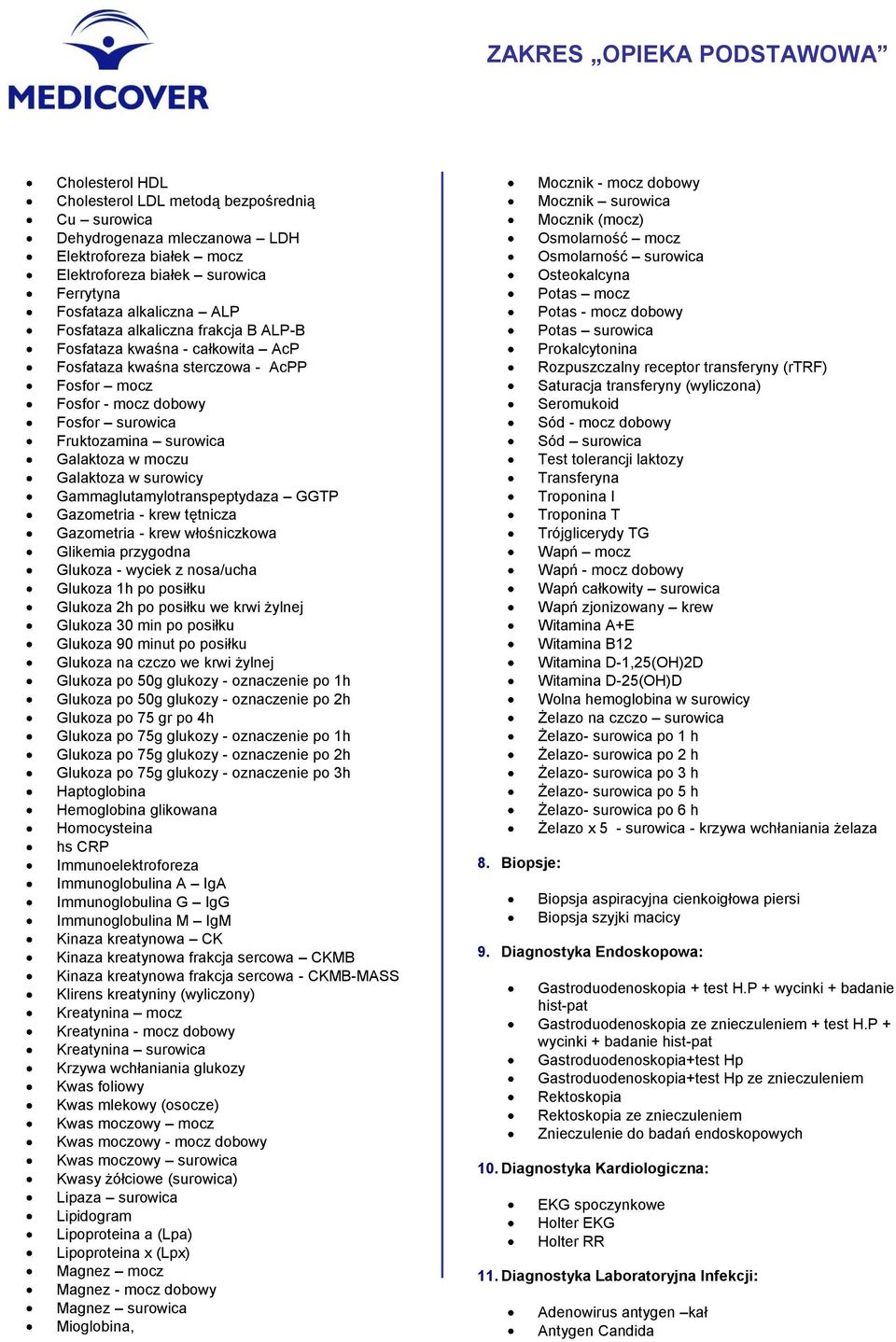 surowicy Gammaglutamylotranspeptydaza GGTP Gazometria - krew tętnicza Gazometria - krew włośniczkowa Glikemia przygodna Glukoza - wyciek z nosa/ucha Glukoza 1h po posiłku Glukoza 2h po posiłku we