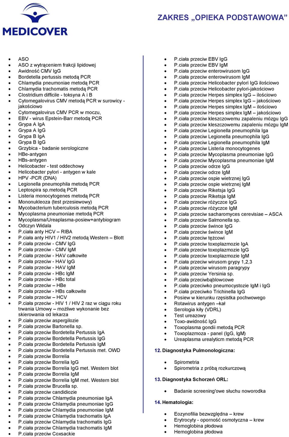 serologiczne HBe-antygen HBs-antygen Helicobacter - test oddechowy Helicobacter pylori - antygen w kale HPV -PCR (DNA) Legionella pneumophila metodą PCR Leptospira sp.