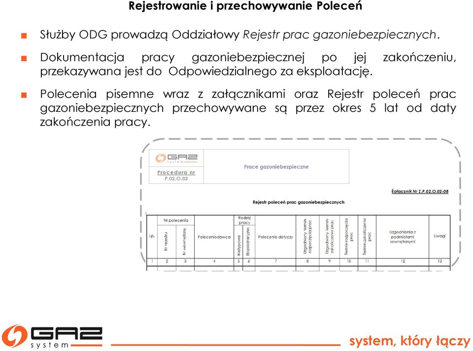 EWIDENCJA Dokumentacja pracy gazoniebezpiecznej po jej zakończeniu, przekazywana jest do