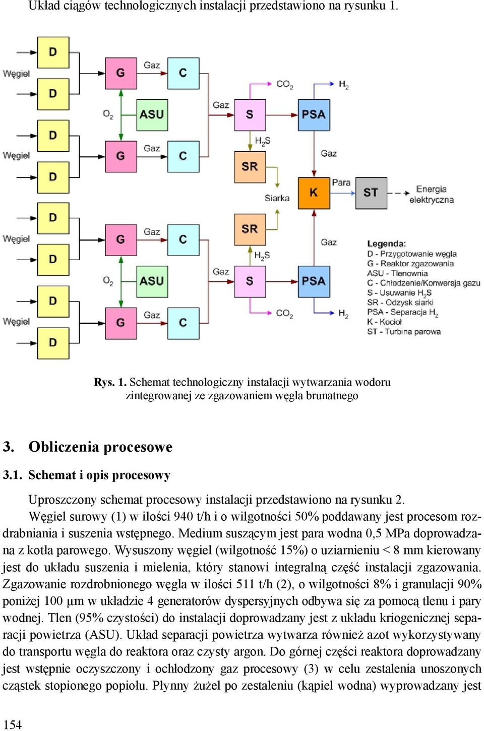 Węgiel surowy (1) w ilości 940 t/h i o wilgotności 50% poddawany jest procesom rozdrabniania i suszenia wstępnego. Medium suszącym jest para wodna 0,5 MPa doprowadzana z kotła parowego.