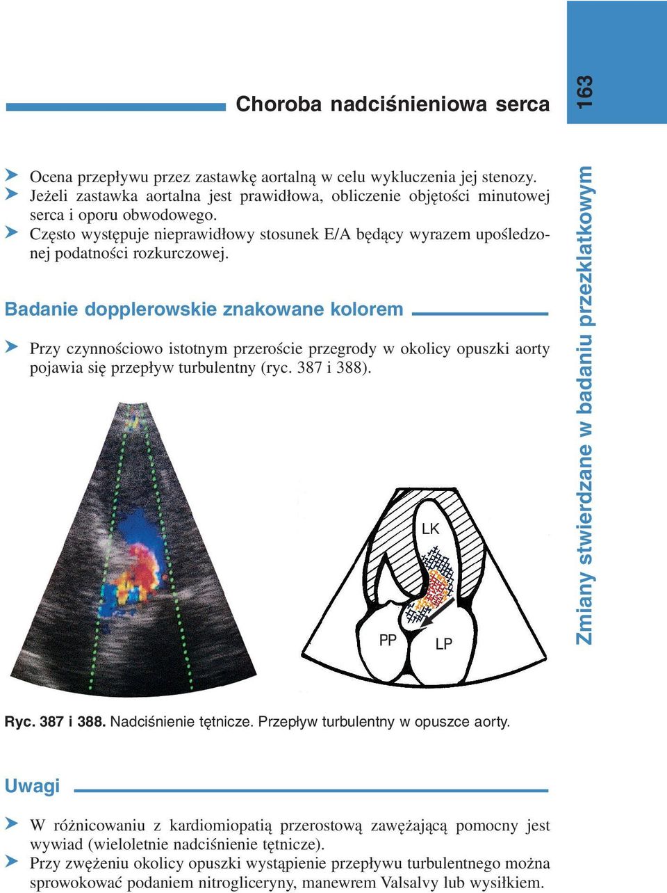 Badanie dopplerowskie znakowane kolorem S Przy czynnościowo istotnym przeroście przegrody w okolicy opuszki aorty pojawia się przepływ turbulentny (ryc. 387 i 388). Ryc. 387 i 388. Nadciśnienie tętnicze.