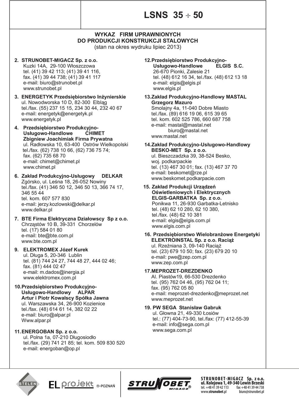 (55) 237 15 15, 234 30 44, 232 40 67 e-mail: energetyk@energetyk.pl www.energetyk.pl 4. Przedsiębiorstwo Produkcyjno- Usługowo-Handlowe CHIMET Zbigniew Joachimiak Firma Prywatna ul.