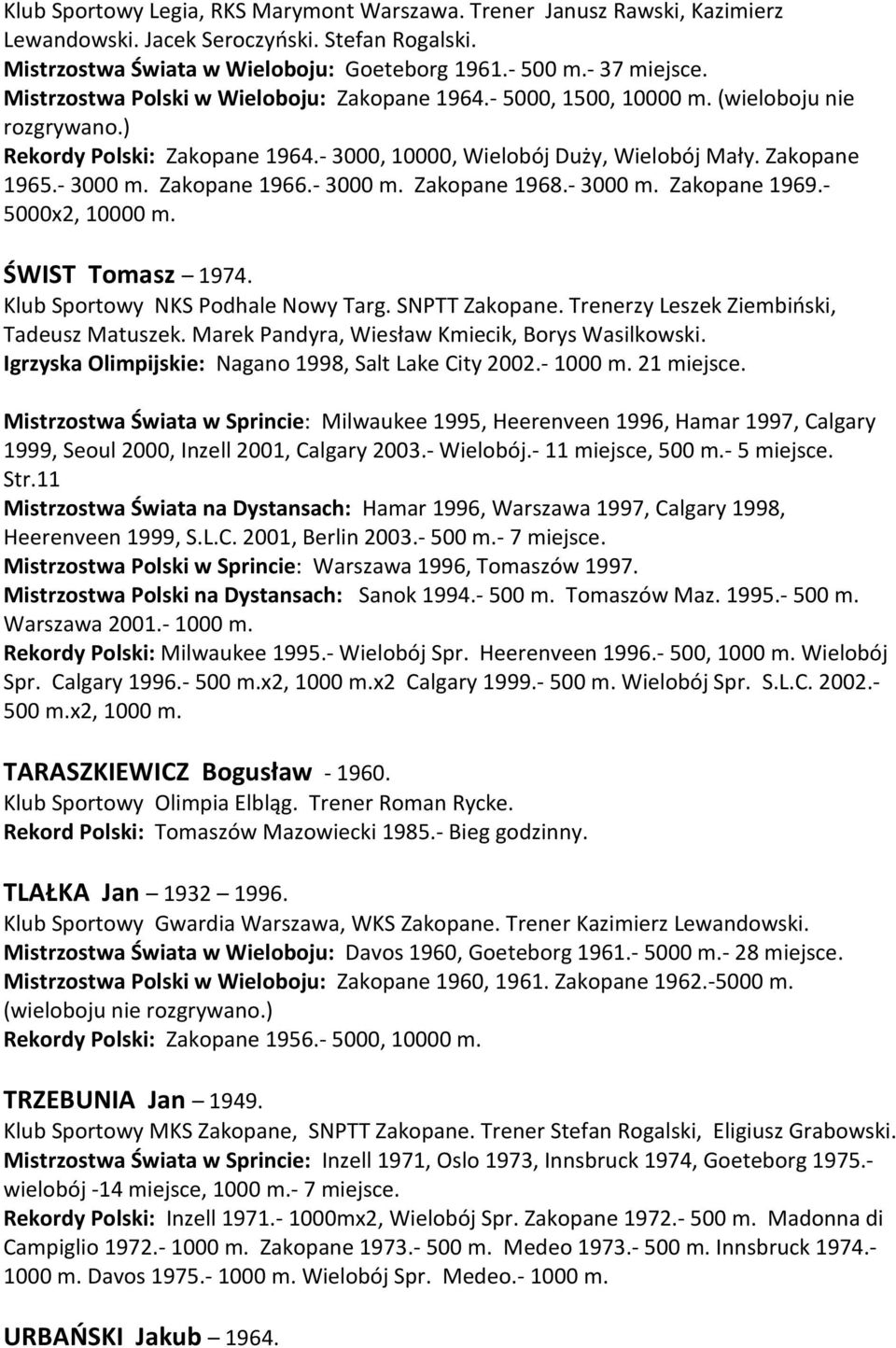 Zakopane 1966.- 3000 m. Zakopane 1968.- 3000 m. Zakopane 1969.- 5000x2, 10000 m. ŚWIST Tomasz 1974. Klub Sportowy NKS Podhale Nowy Targ. SNPTT Zakopane. Trenerzy Leszek Ziembiński, Tadeusz Matuszek.