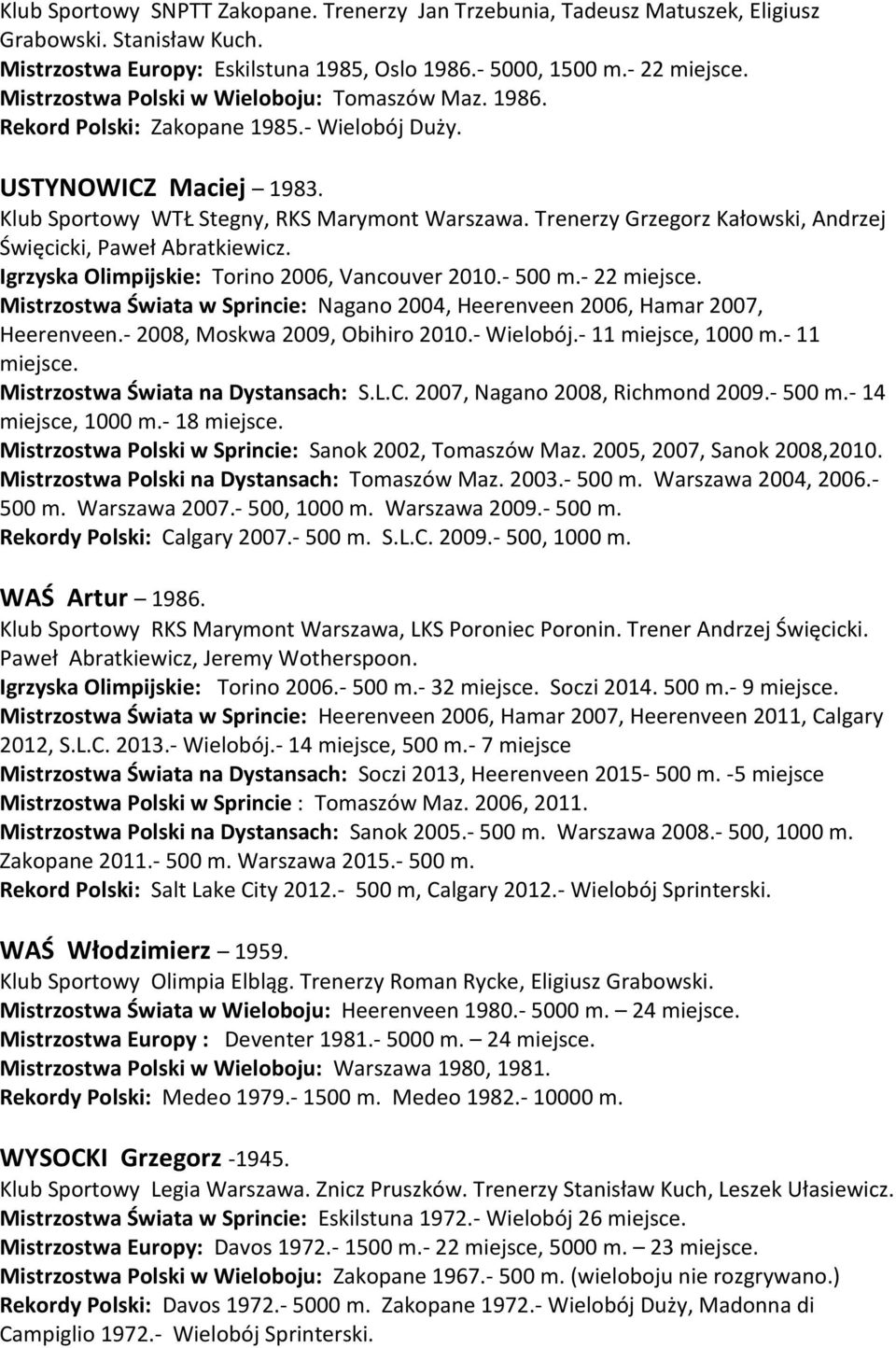 Trenerzy Grzegorz Kałowski, Andrzej Święcicki, Paweł Abratkiewicz. Igrzyska Olimpijskie: Torino 2006, Vancouver 2010.- 500 m.- 22 miejsce.