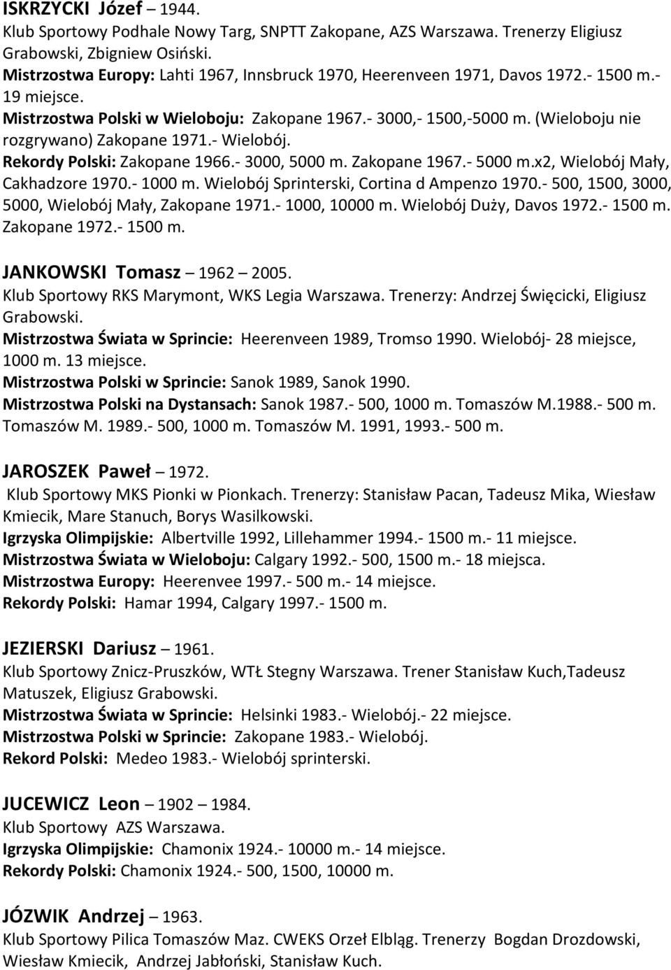 (Wieloboju nie rozgrywano) Zakopane 1971.- Wielobój. Rekordy Polski: Zakopane 1966.- 3000, 5000 m. Zakopane 1967.- 5000 m.x2, Wielobój Mały, Cakhadzore 1970.- 1000 m.