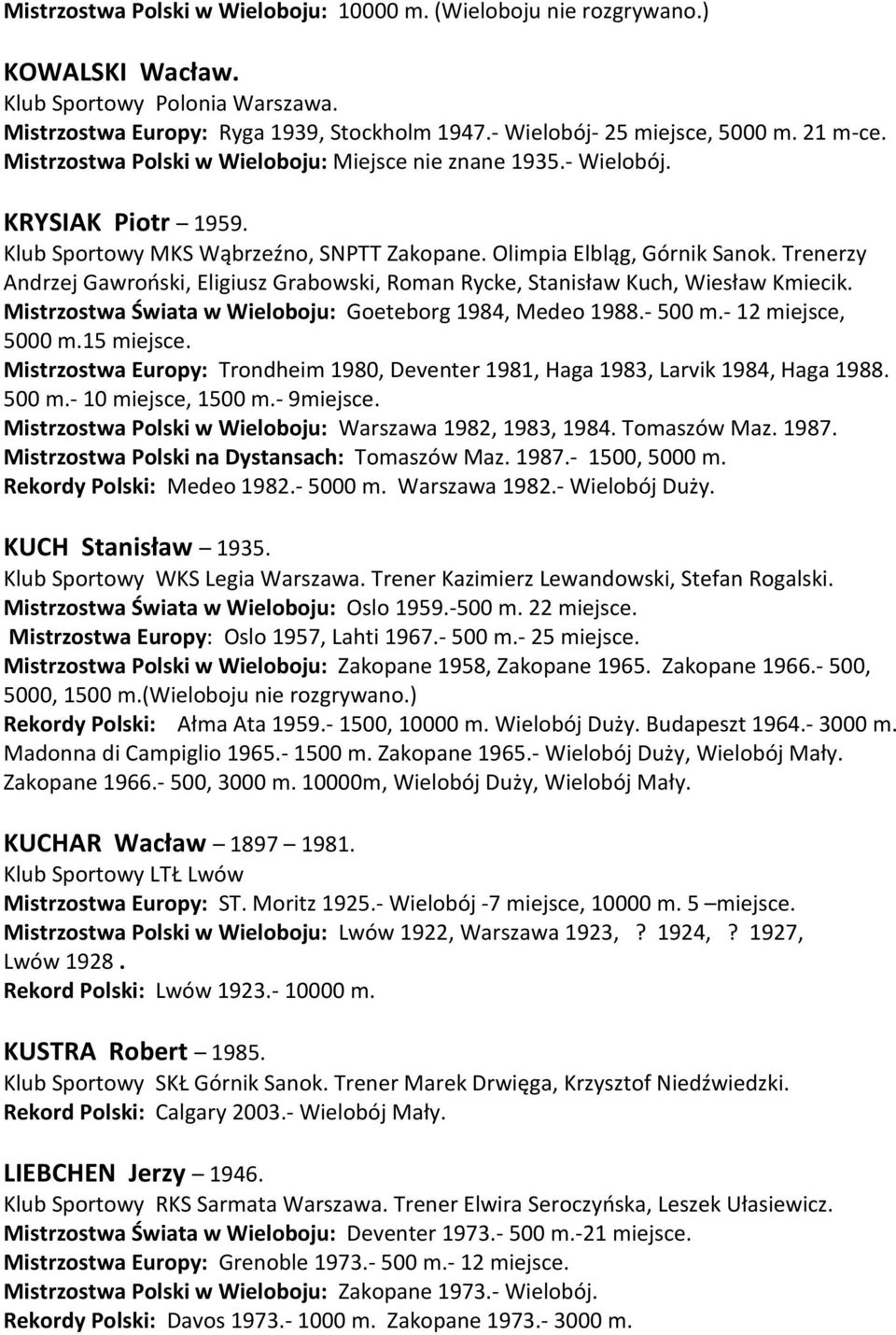 Trenerzy Andrzej Gawroński, Eligiusz Grabowski, Roman Rycke, Stanisław Kuch, Wiesław Kmiecik. Mistrzostwa Świata w Wieloboju: Goeteborg 1984, Medeo 1988.- 500 m.- 12 miejsce, 5000 m.15 miejsce.