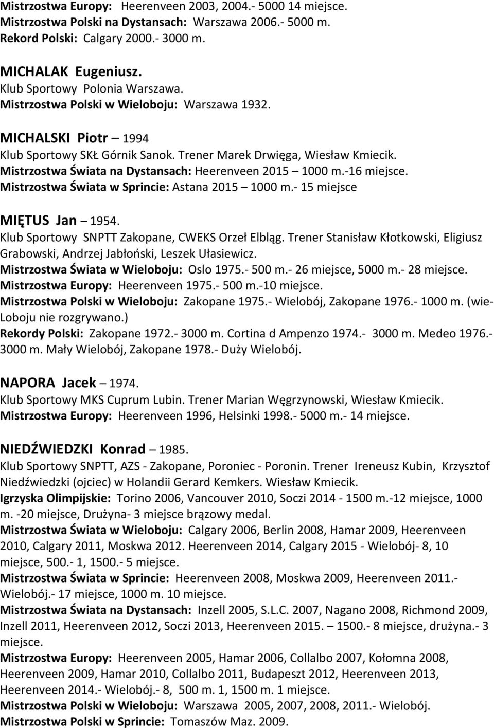 Mistrzostwa Świata na Dystansach: Heerenveen 2015 1000 m.-16 miejsce. Mistrzostwa Świata w Sprincie: Astana 2015 1000 m.- 15 miejsce MIĘTUS Jan 1954. Klub Sportowy SNPTT Zakopane, CWEKS Orzeł Elbląg.