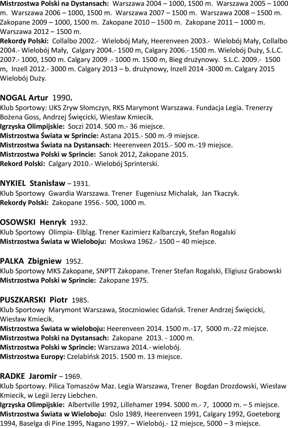 - 1500 m, Calgary 2006.- 1500 m. Wielobój Duży, S.L.C. 2007.- 1000, 1500 m. Calgary 2009.- 1000 m. 1500 m, Bieg drużynowy. S.L.C. 2009.- 1500 m, Inzell 2012.- 3000 m. Calgary 2013 b.