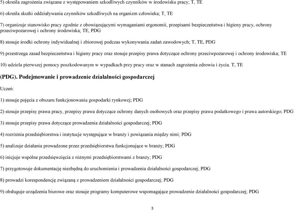 indywidualnej i zbiorowej podczas wykonywania zadań zawodowych; T, TE, PDG 9) przestrzega zasad bezpieczeństwa i higieny pracy oraz stosuje przepisy prawa dotyczące ochrony przeciwpożarowej i ochrony