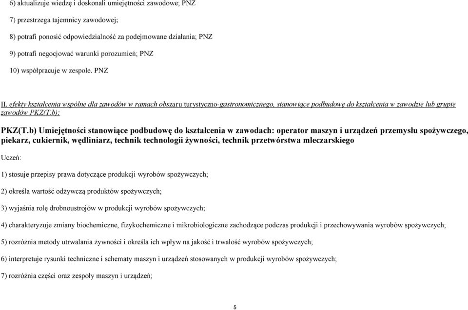 efekty kształcenia wspólne dla zawodów w ramach obszaru turystyczno-gastronomicznego, stanowiące podbudowę do kształcenia w zawodzie lub grupie zawodów PKZ(T.b); PKZ(T.