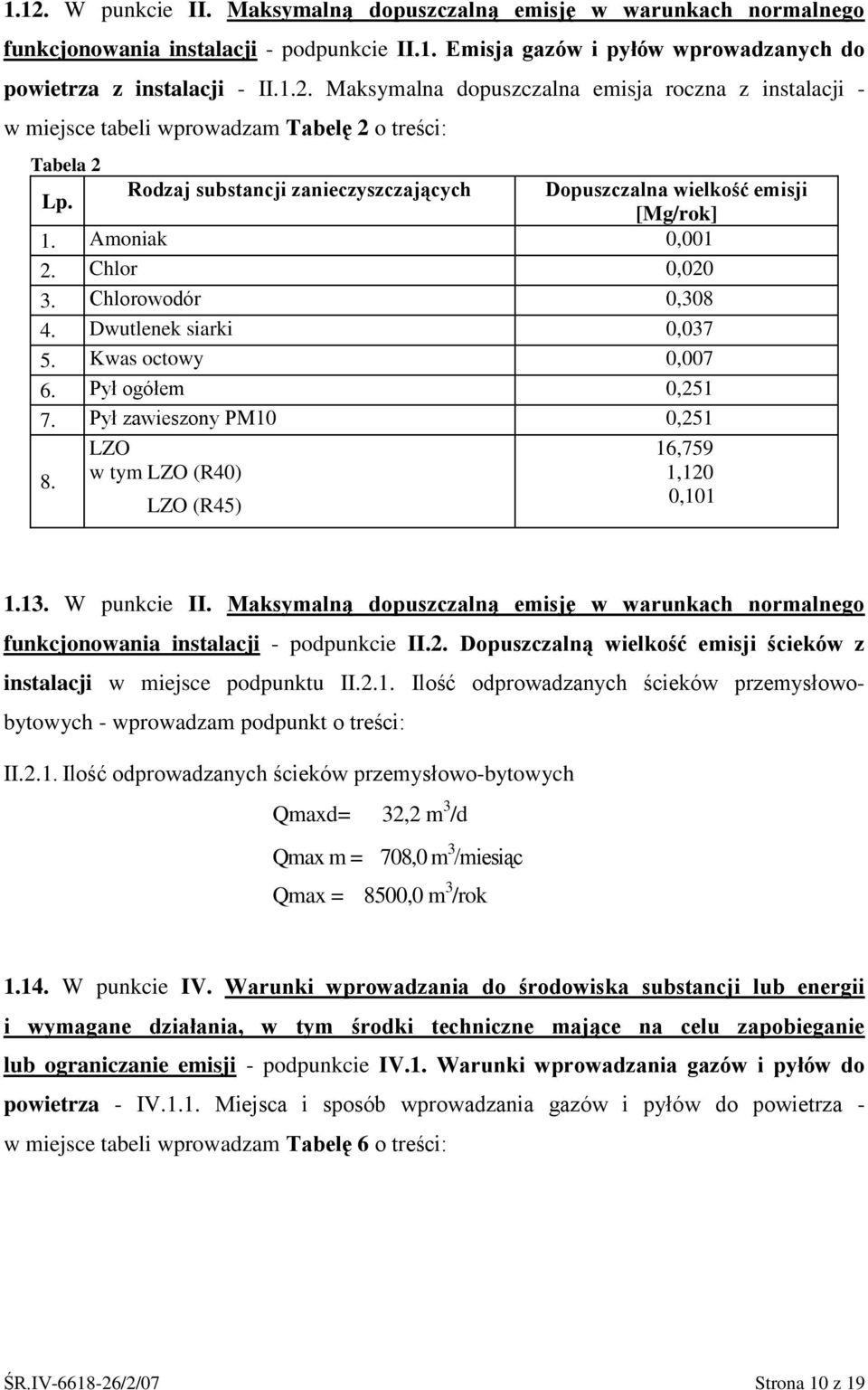 Pył zawieszony PM10 0,251 8. LZO w tym LZO (R40) LZO (R45) 16,759 1,120 0,101 1.13. W punkcie II. Maksymalną dopuszczalną emisję w warunkach normalnego funkcjonowania instalacji podpunkcie II.2. Dopuszczalną wielkość emisji ścieków z instalacji w miejsce podpunktu II.