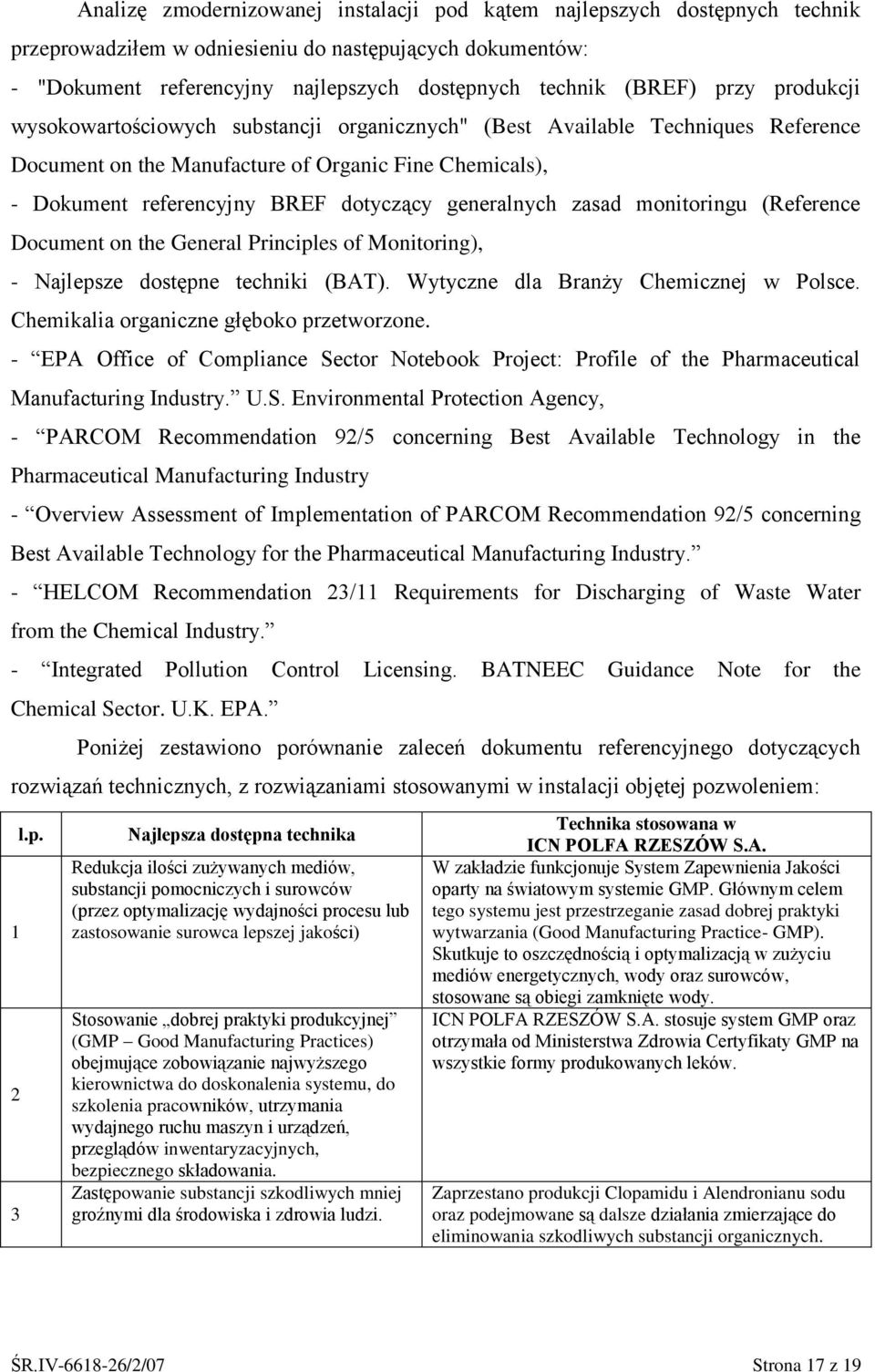 generalnych zasad monitoringu (Reference Document on the General Principles of Monitoring), Najlepsze dostępne techniki (BAT). Wytyczne dla Branży Chemicznej w Polsce.