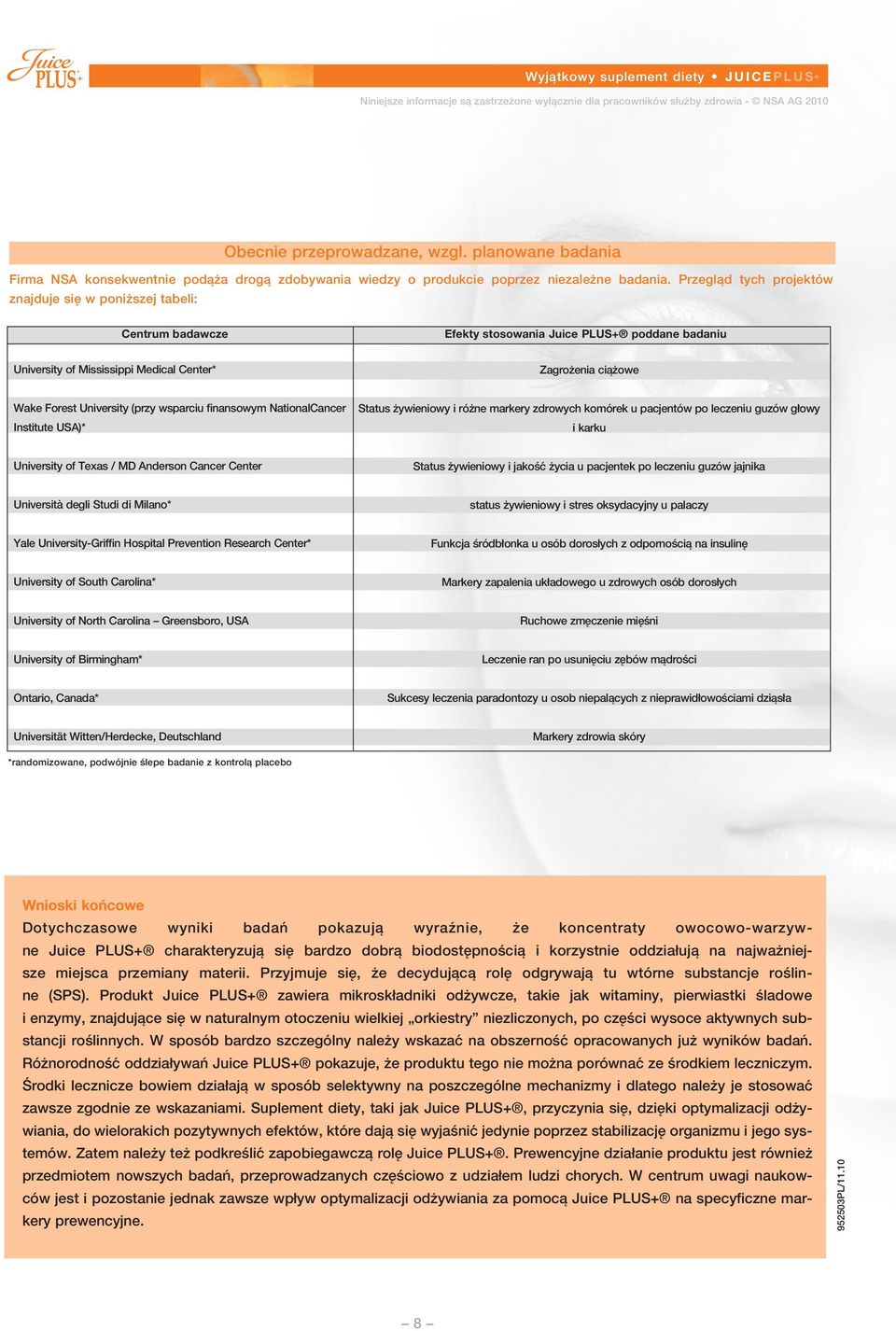 planowane badania Centrum badawcze Efekty stosowania Juice PLUS+ poddane badaniu University of Mississippi Medical Center* Zagrożenia ciążowe Wake Forest University (przy wsparciu finansowym