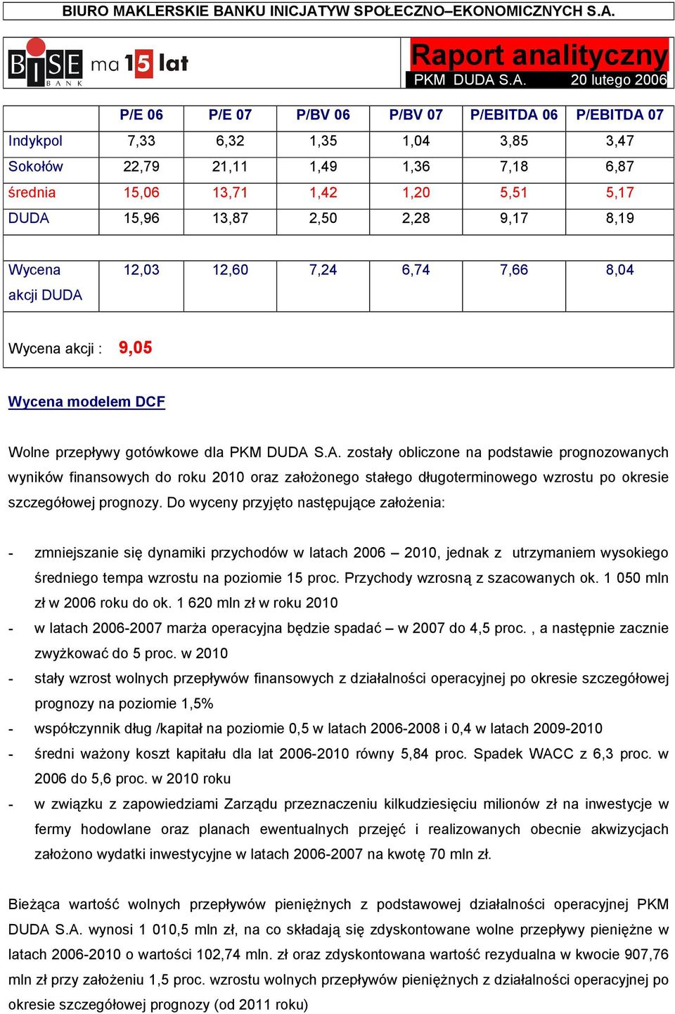 Do wyceny przyjęto następujące założenia: - zmniejszanie się dynamiki przychodów w latach 2006 2010, jednak z utrzymaniem wysokiego średniego tempa wzrostu na poziomie 15 proc.