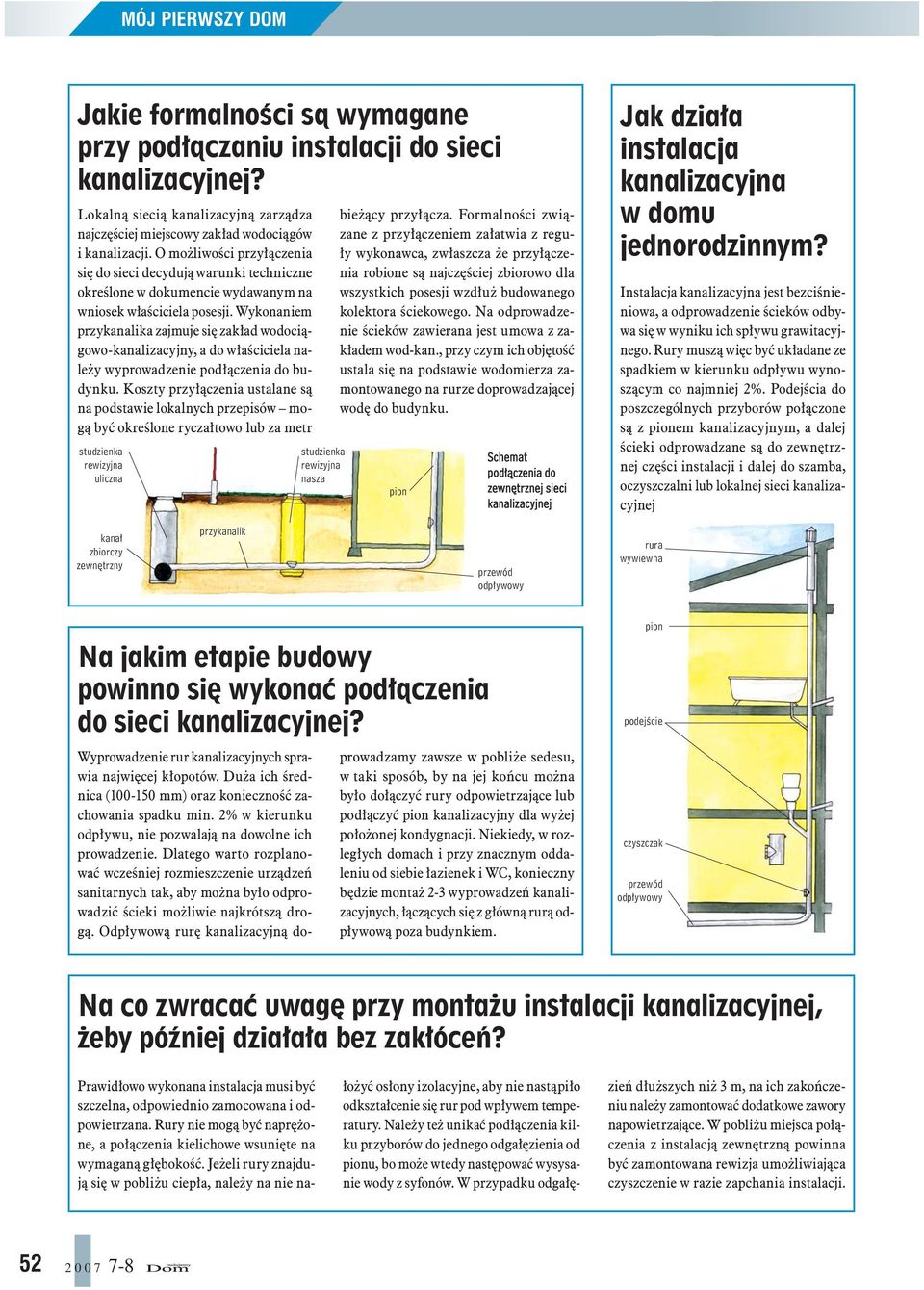 Wykonaniem przykanalika zajmuje się zakład wodociągowo-kanalizacyjny, a do właściciela należy wyprowadzenie podłączenia do budynku.