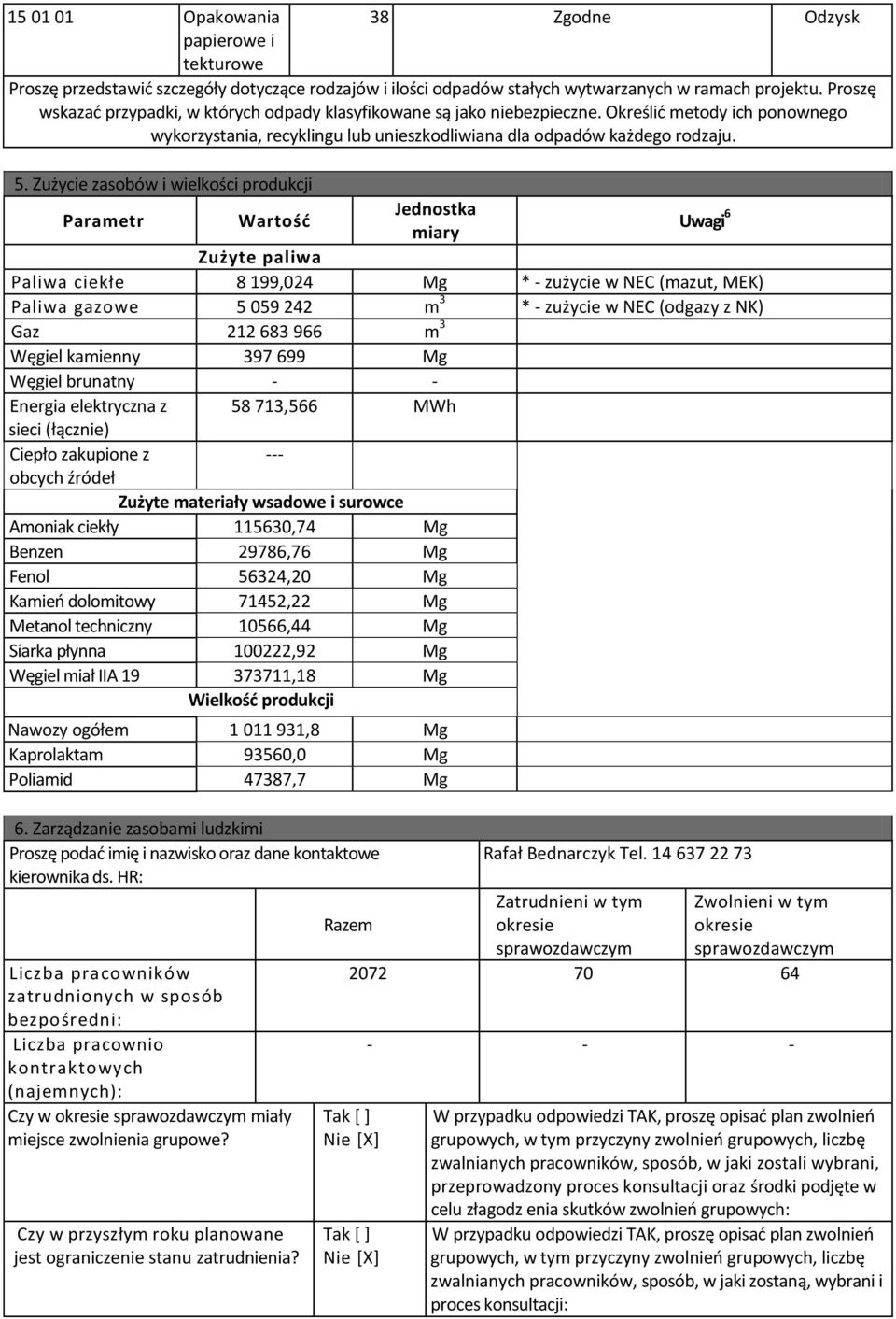 Zużycie zasobów i wielkości produkcji Parametr Wartość Jednostka miary Uwagi 6 Zużyte paliwa Paliwa ciekłe 8 199,024 Mg * - zużycie w NEC (mazut, MEK) Paliwa gazowe 5 059 242 m 3 * - zużycie w NEC