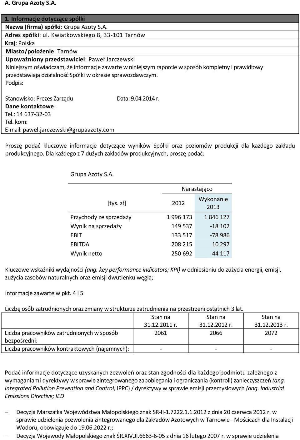 kompletny i prawidłowy przedstawiają działalność Spółki w okresie sprawozdawczym. Podpis: Stanowisko: Prezes Zarządu Data: 9.04.2014 r. Dane kontaktowe: Tel.: 14 637-32-03 Tel. kom: E-mail: pawel.