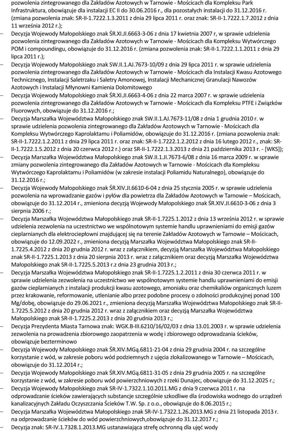 6663-3-06 z dnia 17 kwietnia 2007 r, w sprawie udzielenia pozwolenia zintegrowanego dla Zakładów Azotowych w Tarnowie - Mościcach dla Kompleksu Wytwórczego POM i compoundingu, obowiązuje do 31.12.